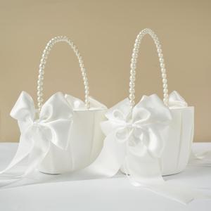 2 Pcs Wedding Flower Girl Baskets with Cute Pearl Handle Bowknot Satin Flower Baskets for Wedding Ceremony, Ivory