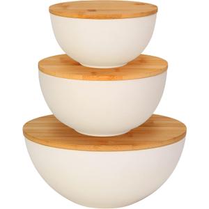 ShineMe Salad Bowl with Lid, Natural Bamboo Fiber Serving Bowls Set of 3 with Bamboo Wood Lids, Beige Mixing Bowls Set for Preparing, Storing and Serving Salad Fruit Chips Bread(10",8",6")