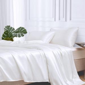 MR&HM Satin Bed Sheets, California King Size Sheets Set, 4 Pcs Silky Bedding Set with 15 Inches Deep Pocket for Mattress (California King, White)