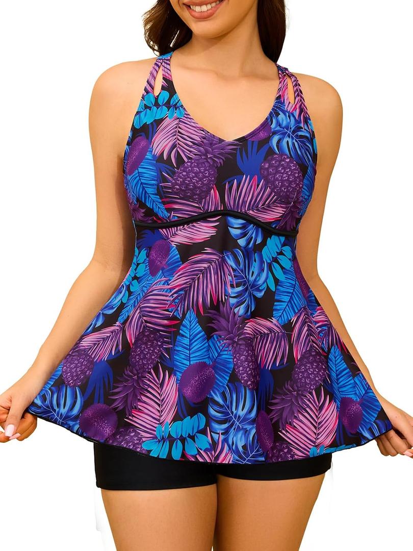 Summer Mae Women's Tankini Swim Dress Two Piece Swimsuits with Tummy Control Swim Shorts Skirted Bathing Suits Tropical Rainforest Night Size 14