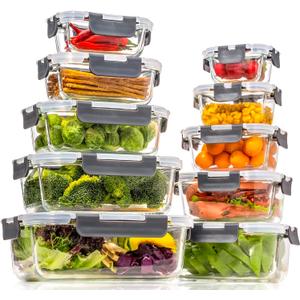 coccot Glass Food Storage Containers with Lids Airtight, Glass Meal Prep Containers for Lunch Food, Container Set, Easy to Open& Close/Microwave,Oven,Freezer,Dishwasher Safe/Leak-Proof20 Pieces (clear)