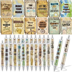 Eersida 48 Pcs Travel The Map Mini Notepad and Pen Set Travel Motivational Notepads with Quote Ballpoint Pens, 12 Styles