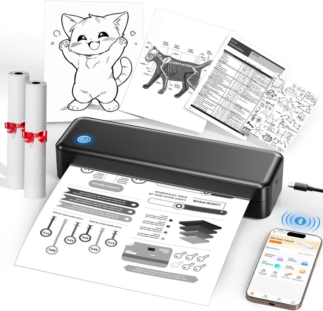 PEDOOLO Portable Printer Wireless for Travel, Inkless Thermal Printer Supports 8.5 x 11 Inch Thermal Paper, Bluetooth Compatible with iOS, Android, Laptop Includes 2 Rolls & 10 Sheets of Paper Kit (black)
