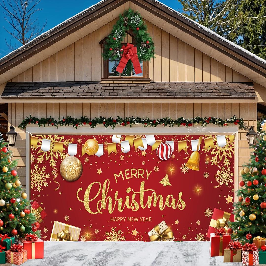 ROCKY&CHAO Christmas Garage Door Decorations, 6x13ft Blue and Silver Christmas Garage Door Cover, Garage Door Banner Christmas Garage Door Backdrop for Christmas New Year Party, 6x13ft-christmas Gift Box