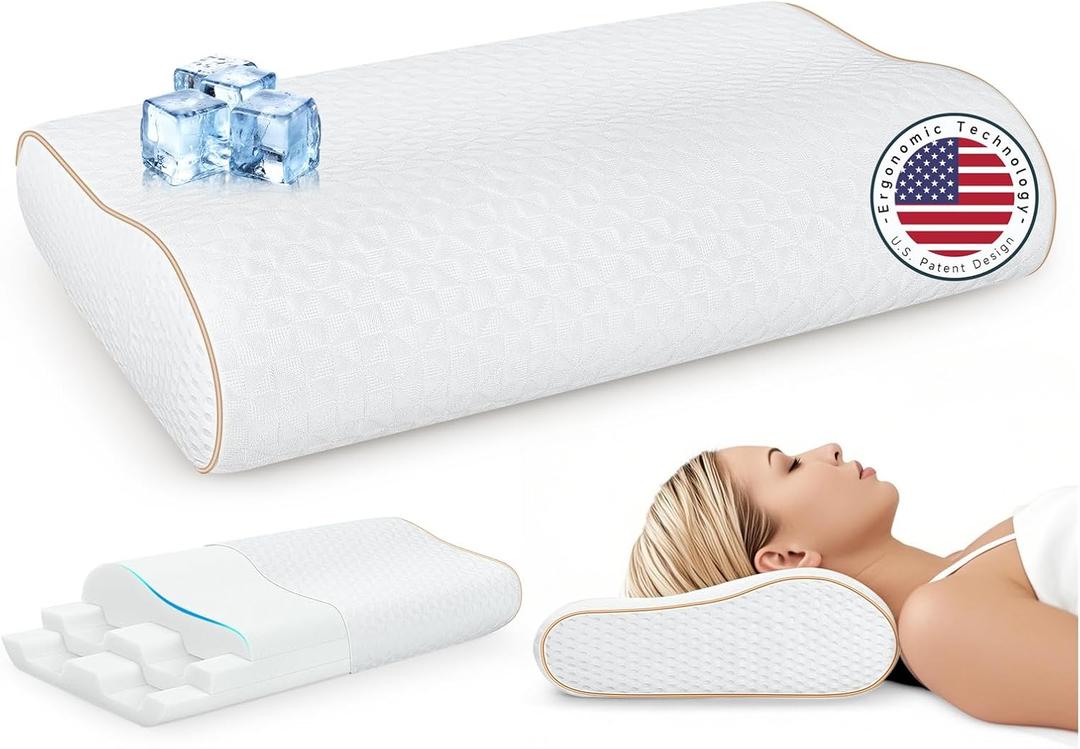 Sandwich Memory Foam Pillow for Sleeping - Ergonomic Cervical Cooling Pillows Queen Size, Adjustable Contour Pillow for Neck Pain Relief, Bed Pillow for Side, Back & Stomach Sleepers (Queen Size 23.6"L x 14.2"W)