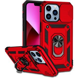 Phone Case for iPhone 13 Pro Max with Camera Lens Cover HD Screen Protector,Military Grade Ring Car Mount Kickstand Hybrid Hard PC Soft TPU Shockproof Protective Red