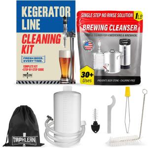 Kegerator Cleaning Kit with 1 LB Beer Line Cleaner Made in USA  30+ Uses, Complete Keg Cleaning Kit with Metal Coupler, Squeeze Bottle, Wrench, Detailed Instructions, Storage Bag & Beer Tap Brush