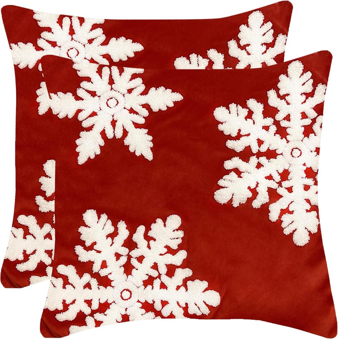 WOMHOPE Christmas Throw Pillow Covers Velvet Embroidery Vintage Cushion Covers for Decoration Sofa Couch Bed Santa Deer Snowflake Set of 2 (Red 3 of Snowflake)
