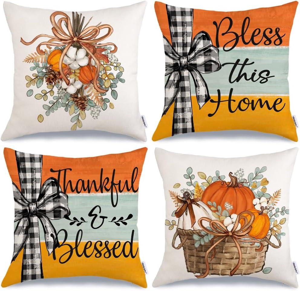 GEEORY Fall Throw Pillow Covers 20x20 Inch Set of 4, Pumpkins Eucalyptus Bless This Home Autumn Seasonal Decorative Farmhouse Decoration for Home (Orange) G553-20