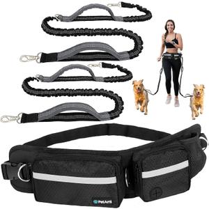 PetAmi Hands Free Dog Leash, Dog Running Leash Belt Bag for Walking, Jogging, Dog Waist Double Zipper Pouch with Poop Bag Dispenser, Dual Padded Handles Reflective Bungee Leash, Double (Black)