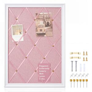 DoubleFill White Bulletin Board 21"×27" Linen Fabric Decorative Board Hanging Memo Boards for Women Large Cork Bulletin Boards for Home Office with 20 Pushpins - Pink Linen with White Frame