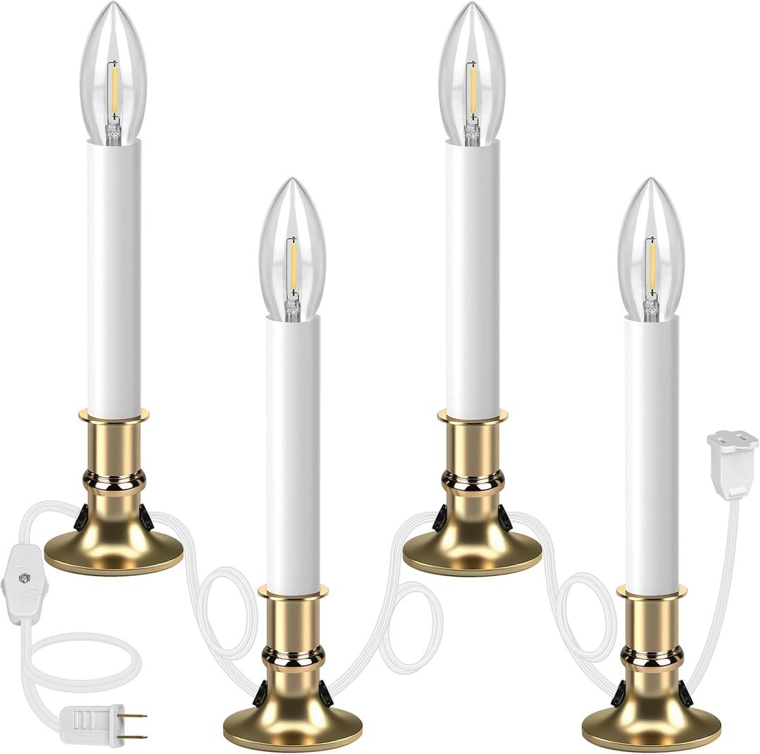 4PCS Christmas Electric Window Candle Lights with Gold Base Outlet, 5FT Window Candle Lights Cord with 0.6W C26 Clear Bulb On/Off Switch Plug-in 4 Suction Cups for Christmas Window Home Decoration