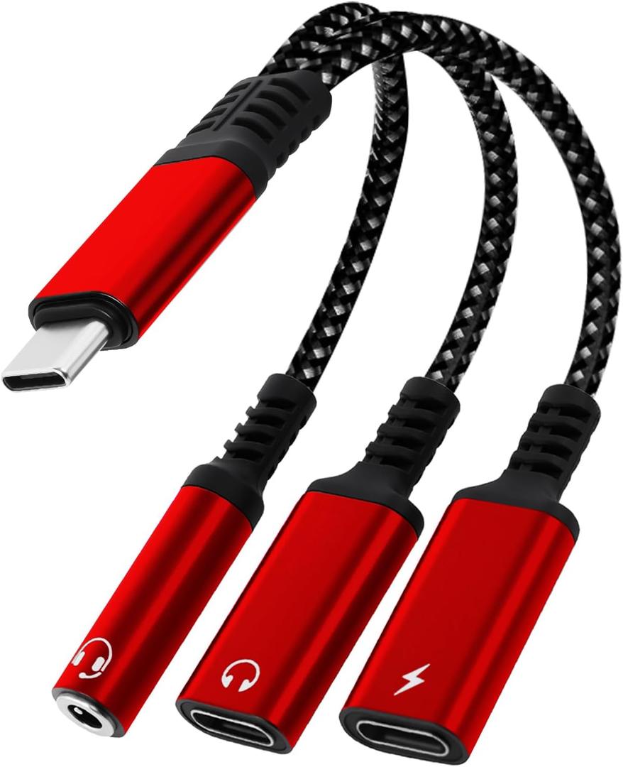 1 in 3 USB C to Type-C Charging and Type-C Headphones Plus 3.5mm Headphones PD 60W Charging Adapter, Compatible with GalaxyS22, iPad Pro, Pixel, iPhone 16 15, etc.red