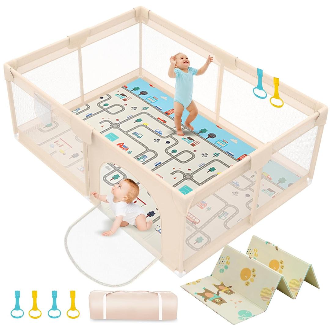 Baby Playpen with Mat 79x71 inch - Extra Large Play Pen for Babies and Toddlers Indoor & Outdoor Baby Playard with Soft Breathable Mesh Cover - Sturdy Foam Infant Gate Playpen (Apricot)