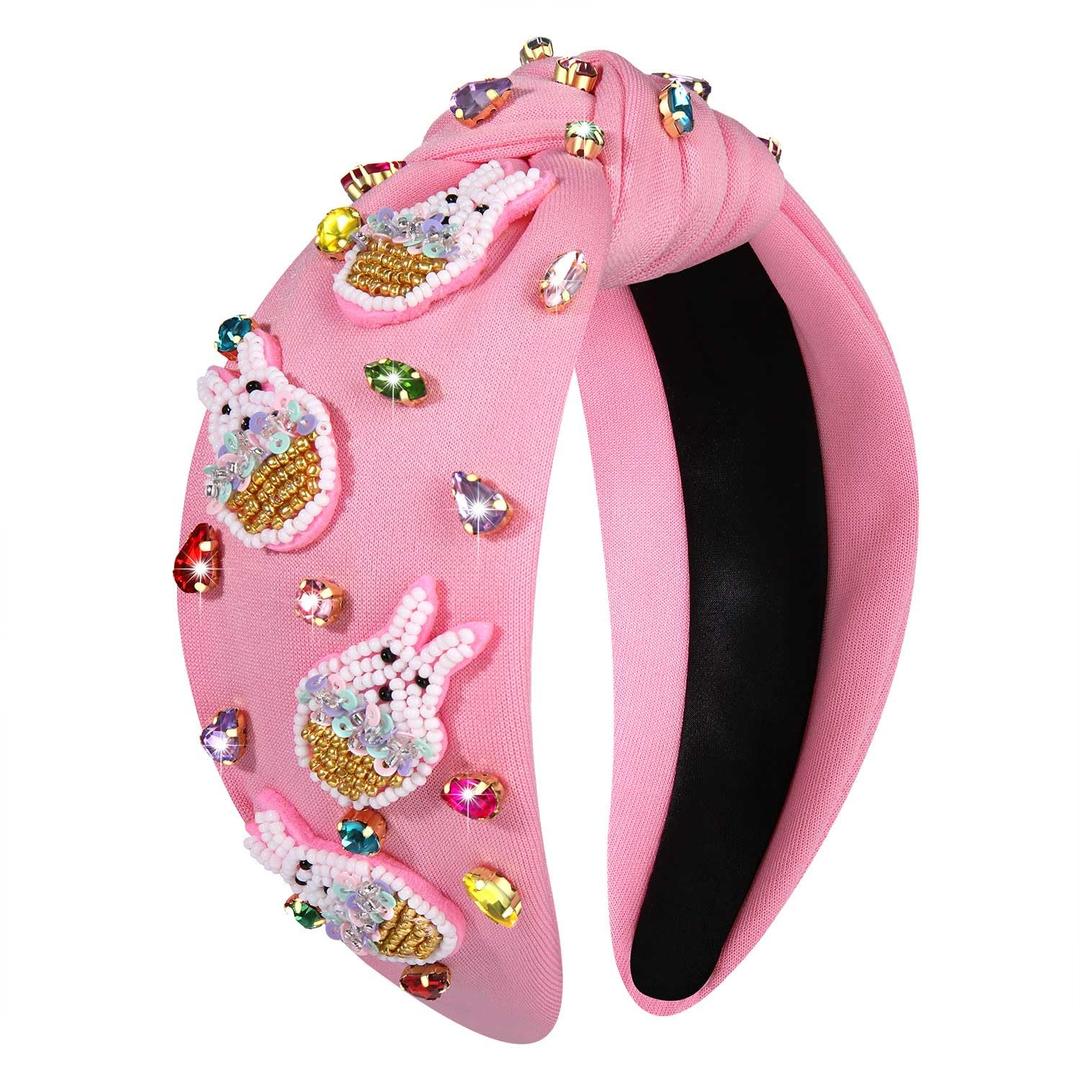 Easter Headbands for Women Girls Cute Easter Bunny Headband Jeweled Crystal Embellished Knotted Headband Holiday Party Hair Accessories (Beaded Bunny-Pink)