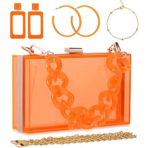 Jadive 4 Pcs Women Acrylic Hand Purse Clear Clutch Evening Bag Retro Earring Bracelet Jewelry Set Neon Vintage Wedding Gift