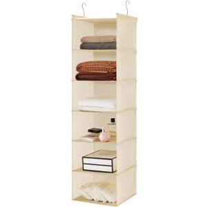 MAX Houser 6 Tier Shelf Hanging Closet Organizer, Cloth Hanging Shelf with 2 Sturdy Hooks for Storage, Foldable (Beige)