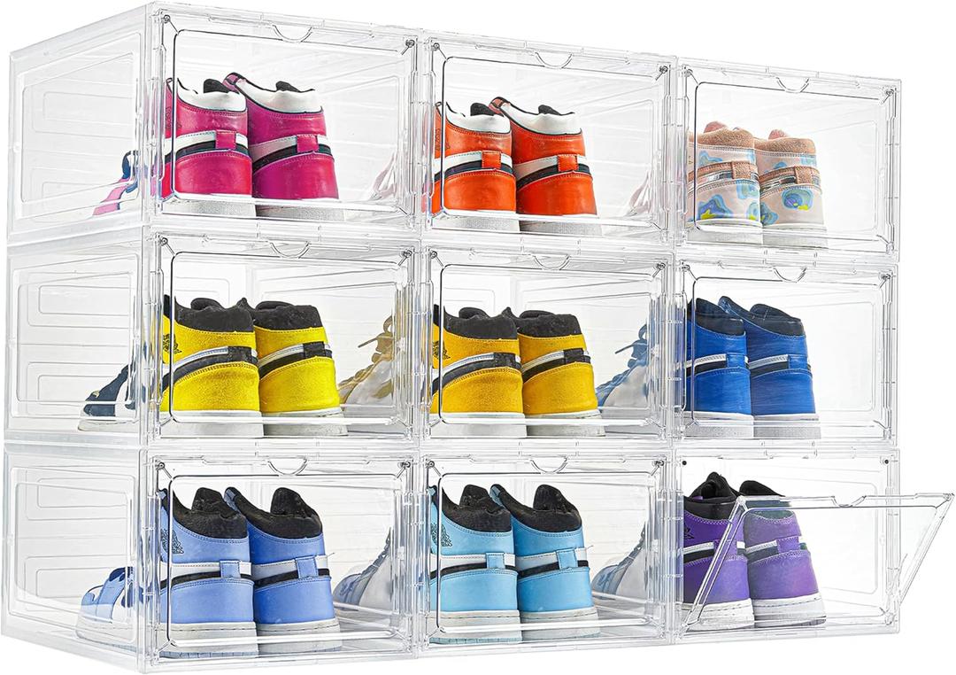 9 Pack X-Large Shoe Storage Box, Thicken&Sturdy with Clear Magnetic Door, Stackable Shoe Organizer with Solid Plastic, Drop Front Shoe Box for Sneaker Display Fit up to US Size 12