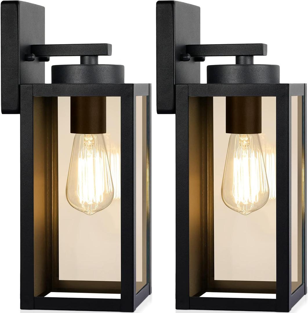Outdoor Wall Light Fixtures, Exterior Waterproof Lanterns, Porch Sconces Wall Mounted Lighting with E26 Sockets & Glass Shades, Modern Matte Black Wall Lamps for Patio Front Door Entryway, 2-Pack (12.8inch, Black)
