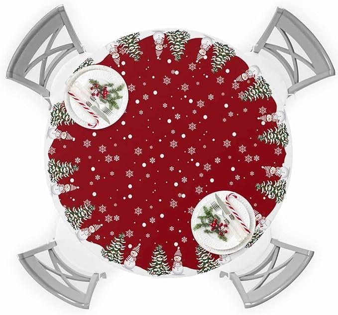 Round Fitted Tablecloth with Elastic Edge Christmas Tree Snowman Table Cloth for 45"-54" Circle Tables,Waterproof Oil-Proof Table Cover for Outdoor Picnic Party,Winter Snowflake Snowfall on Red