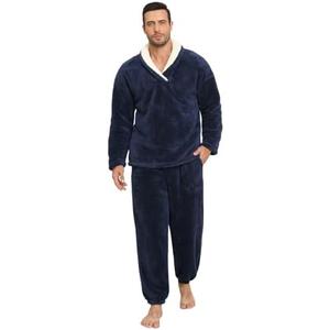 Uikue Mens Pajamas Set Long Sleeve Soft Fleece Fluffy Sleepwear Winter Warm Pjs Lounge Sets Flannel Sleepwear with Pockets, XXL