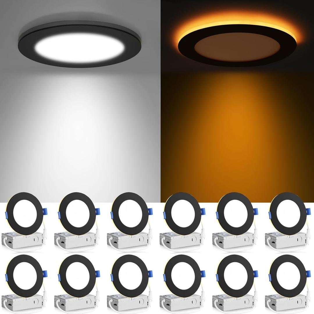 Meconard 12 Pack 4 Inch 5CCT LED Recessed Ceiling Light with Night Light, 2700K/3000K/3500K/4000K/5000K Selectable Ultra-Thin Lighting, 9W=75W, 750LM, Dimmable Canless Wafer Downlight, Black Trim