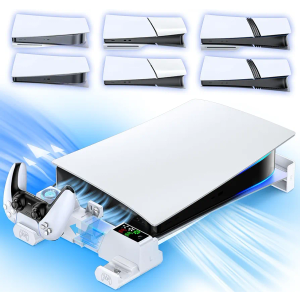 PS5/Slim/Pro Horizontal Stand with Cooling Fan & Charger for Original & Edge Controllers, Scalable Design PS5 Accessories Base with EVA Foams for All PS 5 Disc & Digital, PS 5 Sideways Stand White