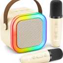 Peski Karaoke Player, Portable Bluetooth Mini Karaoke Microphone Singing Speaker with 2 Wireless Mic, for All Smartphones,Birthday, Family,Home Party(Beige.)