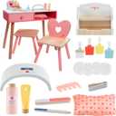 Pretend Nail Salon Wooden Play Set- Glam & Glow Full Playset Includes Nail Polishes, Beauty Caddy, File, Dryer Chair & Stool- Mess-Free Girls Fun Mani Pedi Manicure Care, Kids Indoor Activity Center