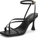Women's Strappy High Heels Sandals Square Open Toe Ankle Strap Slingback Thong Stilettos Shoes for Wedding (10, Black Pu)