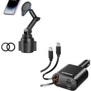 Bundle SUPERONE for Fast Charge Retractable Car Charger with Dual Type C Car Charger Cords & Magnetic Cup Holder Phone Holder