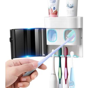 GFWARE Toothbrush Holder Toothpaste Dispenser Wall Mounted with Cover, 4 Slots Tooth Brush Storage Organizer with Automatic Kids Toothpaste Squeezers for Shower Bathroom Black