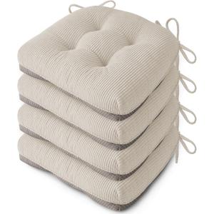 Indoor Kitchen Chair Cushions Set of 4 18"X16.5"X3" Soft Anti Slip Dining Chair Pads Tufted Kitchen Seat Cushion with Ties, Beige