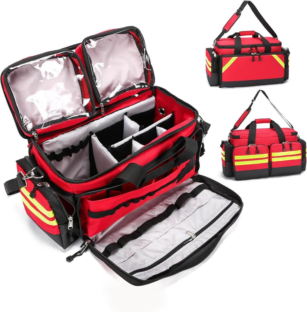 Empty Medical Bag First Aid Bag Home Health,First Aid Storage with Detachable Divider Medical Supplies Emergency Responder for Nursing Student,Therapist,Doctors (Red)