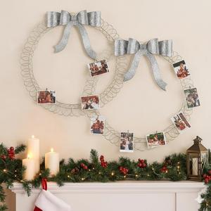 2 Pcs Christmas Photo Holder Display 17" Metal Wreath Xmas Card Holder Display Wall Hanging Decoration with Bow Wire Loop for Greeting Card Picture Insert Holiday Wall Decor(Silver)