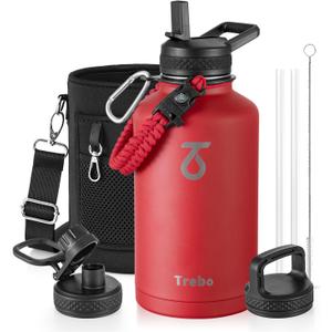 Trebo Water Bottle 64oz with Paracord Handle, Half Gallon Large Vacuum Triple Wall Stainless Steel Insulated Water Jug with Holder Strap Straw Spout Lids, Leakproof Keep Cold & Hot, Red