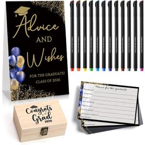 114 Pcs Graduation Party Favors 101 Advice Cards for The Graduate Advice Wishes with Wood Box and 12 Colors Pens Graduation Games Decoration for High School College Celebration Gift(Blue)