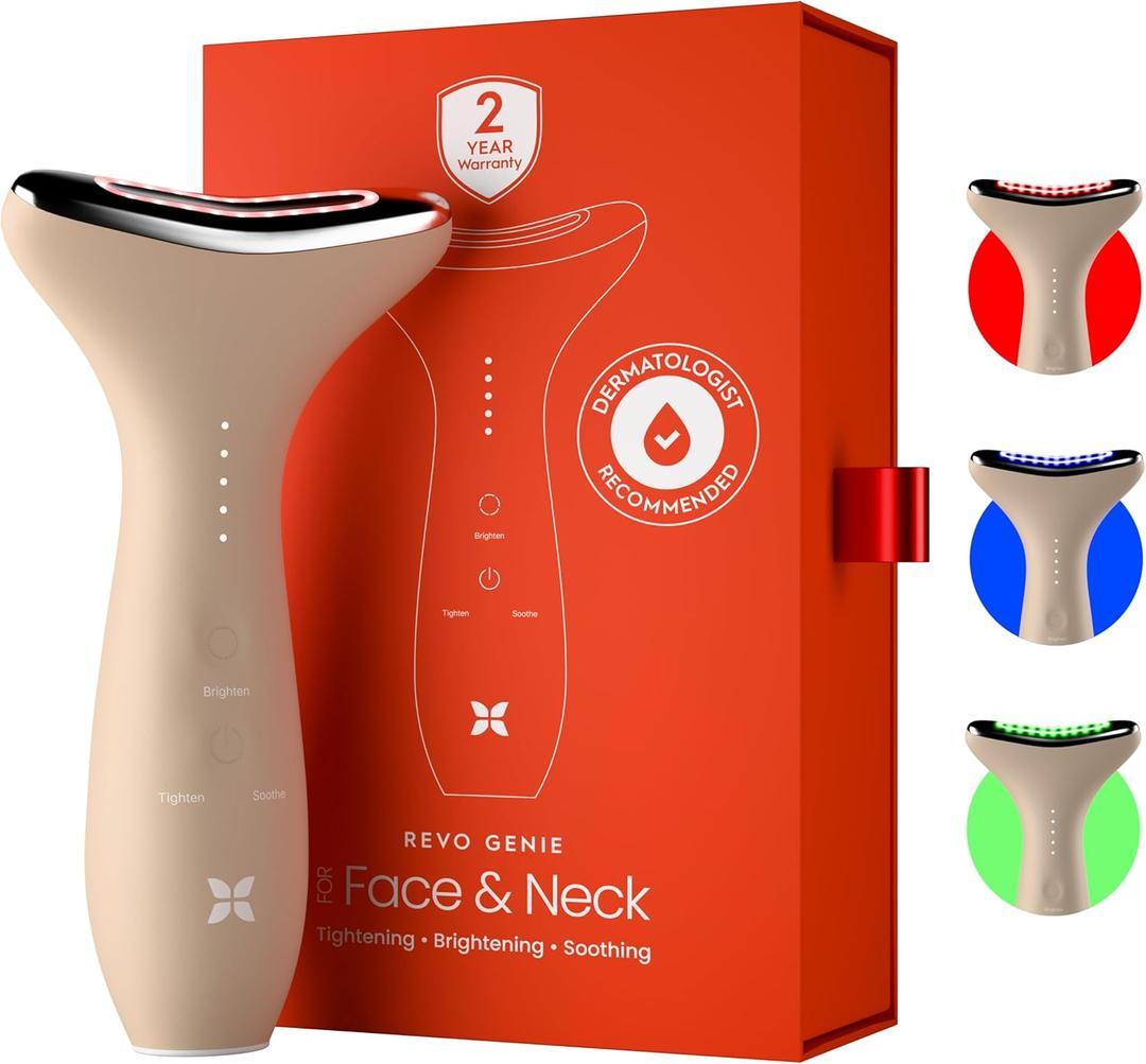 REVO Genie | Face & Neck Beauty Massager with Ultra Powerful LEDs for Wrinkles, Fine Lines, Puffy Skin, Uneven Skin Tone, Lymphatic Drainage, Lifting & Firming Facial Sculpting Tool with Light Therapy (Beige)