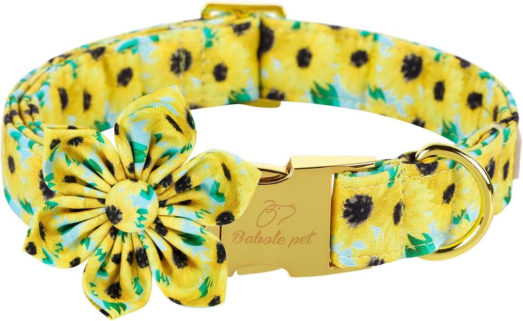 Babole Pet Dog Collar with Yellow Sunflower Flower Tie, Cotton Dog Collar with Safety Metal Buckle Adjustable Puppy Collars for Small Medium Large Boy&Girl Dog, X-Large, Neck 16"-26"