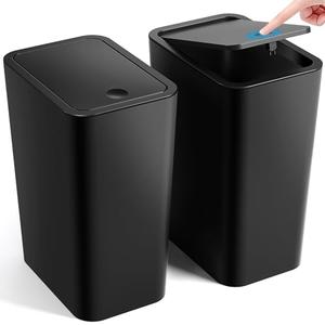 Bathroom Trash Can with Lid, 2 Pack 4 Gallons/15 Liters Garbage Can with Pop-Up Lid, Small Plastic Trash Can, Slim Trash Bin Waste Basket for Bathroom, Bedroom, Office, Living Room(Black)