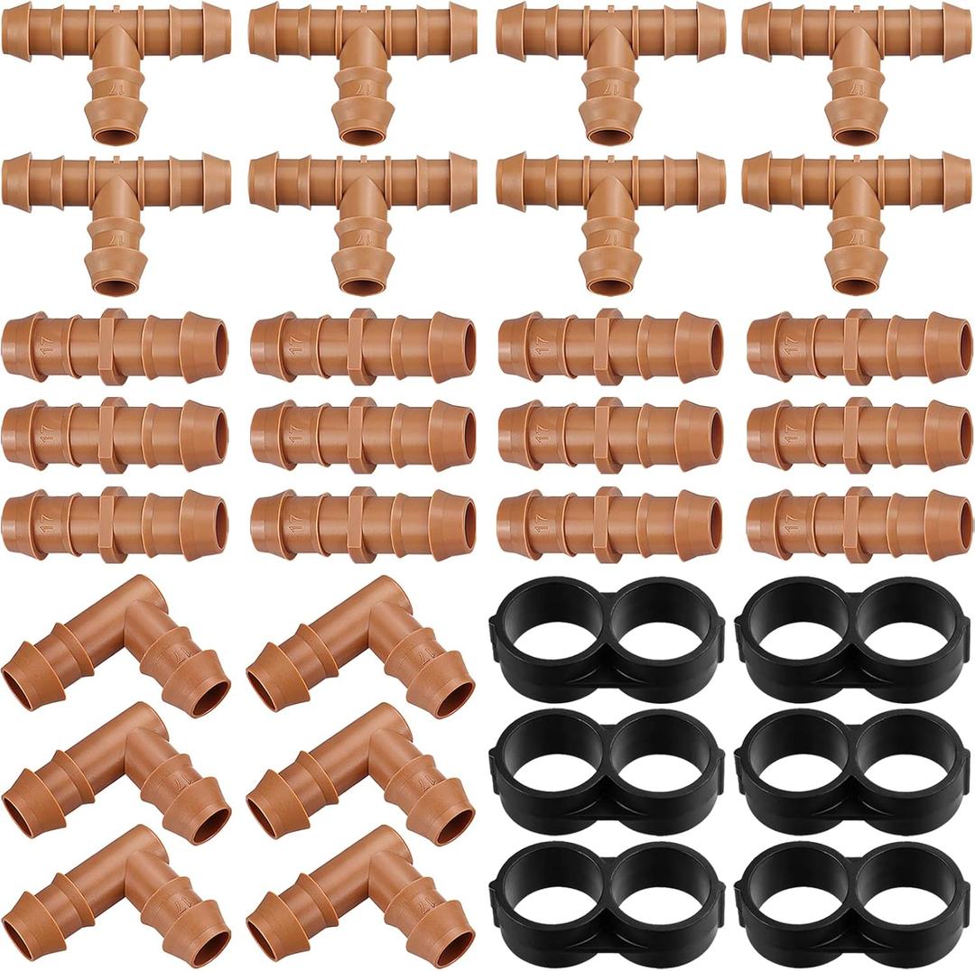 Irrigation Fittings Kit for 1/2" Tubing, 32 Pieces Line Connectors for Drip Sprinkler Systems - 12 Couplings, 8 Tees, 6 Elbows, 6 End Caps, Parts for 1/2 Inch Hose