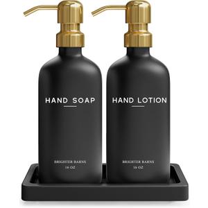 Luxury Glass Soap and Lotion Dispenser Set with Tray by Brighter Barns - Black and Gold Soap Dispenser Bathroom Set - Modern Bathroom Decor for Airbnb, Guest House, Vacation Rental, Gift (Black/Gold)