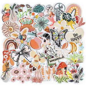 NICEVINYL Vintage Aesthetic Iron on Patches: 36pcs Cute Girly Embroidered Patches for Women - Boho-Aesthetic Decorative Appliques for Backpack Clothing Jackets Hats Bookbags (Mustard Yellow/Rust/Teal)