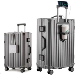 HotWay PC Hard Shell Carry On Luggage with Aluminum Frame, Suitcase with Cup Holder and USB Port, Zipperless Luggage for Business Travel (Grey, Carry On 20Inch)