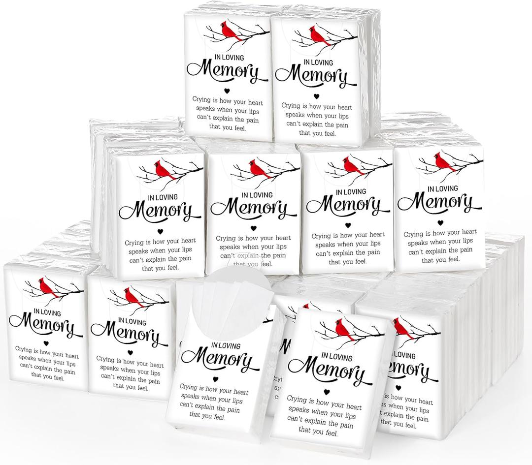Jetec 100 Pack Funeral Facial Tissues Pocket Tissue Travel Tissues Size in Loving Memory Facial Tissues Funeral Favors for Guests Celebration of Life Decorations, 3 Ply, 8 Sheets (Cardinal Bird)