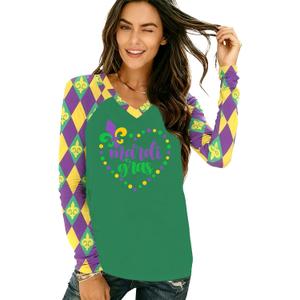 Mardi Gras Long Sleeve Shirt for Women Mardi Gras V Neck T-Shirts Fat Tuesday Tee Heart Tops (X-Large, Green)