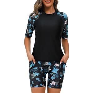 Tournesol Women's Two Piece Rash Guard Short Sleeve Swim Shirts UPF 50+ Built in Bra Swimsuit with Boyshorts with Pockets (Large, Black & Blue Flower)