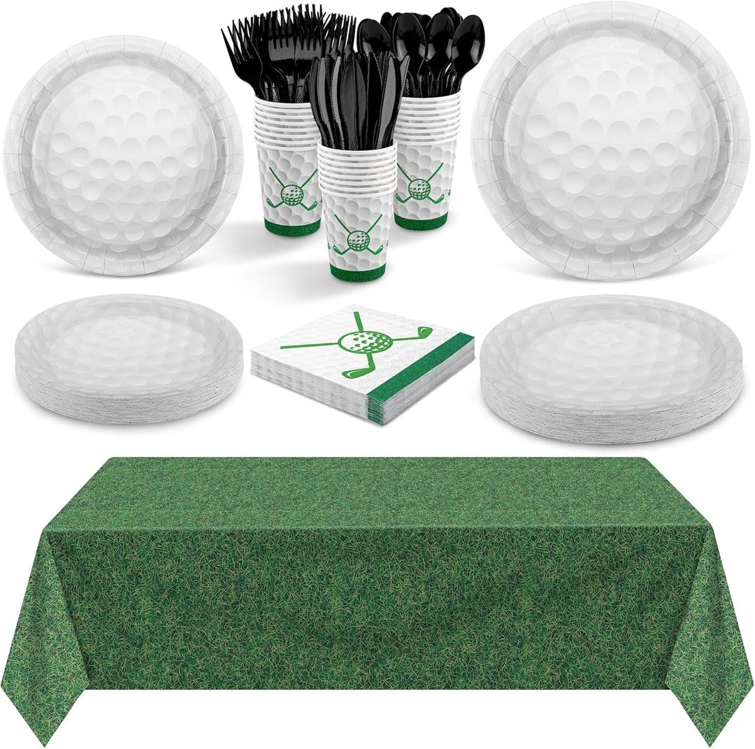 Durony 169-Piece Golf Party Supplies - Green Grass Field Tablecloth, 48 Dessert Plates, 24 Paper Cups, 24 Napkins, 24 Knives, Forks & Spoons - Disposable Golf Tableware Set