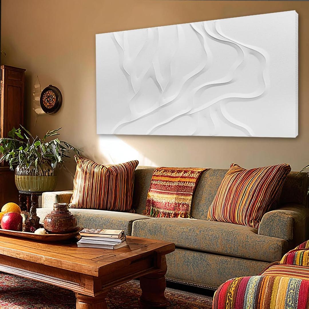 Large White Abstract Wall Art, Hand Painted Textured Canvas with Organic Sculptural Relief, Oversized Modern Statement Wall Decor for Living Room or Bedroom, Gallery Wrapped and Ready to Hang, 2958 Inch