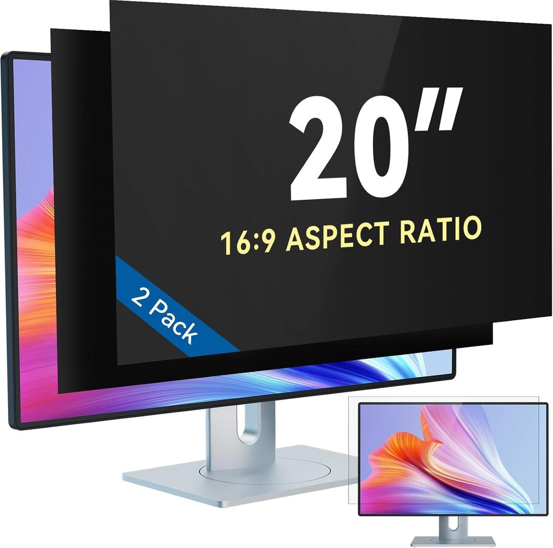 IPROKKO [2-Pack 20 Inch Computer Privacy Screen Filter for 16:9 Widescreen Monitor, Removable 20in Anti Blue Light Glare Privacy Shield, Anti Spy Security Protector for Hp Dell Asus Acer Samsung